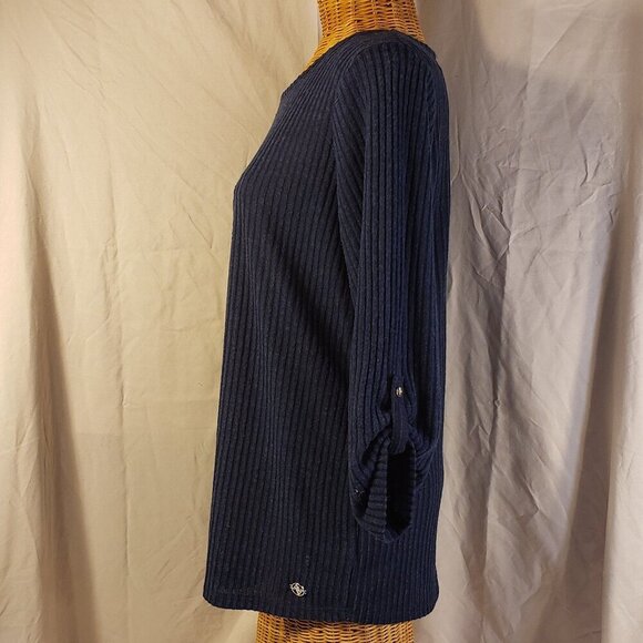 Adrienne Vittadini 3/4 Sleeve Navy Blue Lightweight Knit Sweater Tunic - M - Picture 2 of 5